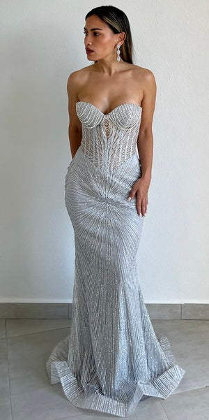 Seriously Sensational Silver Glitter Formal Gown