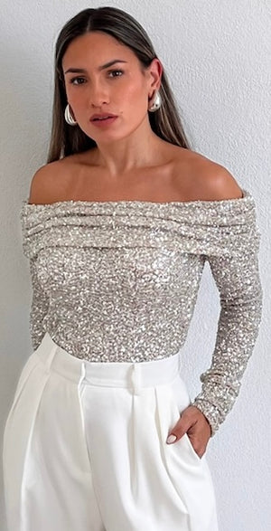 Sparkling Behavior Sequins Off-Shoulder Top