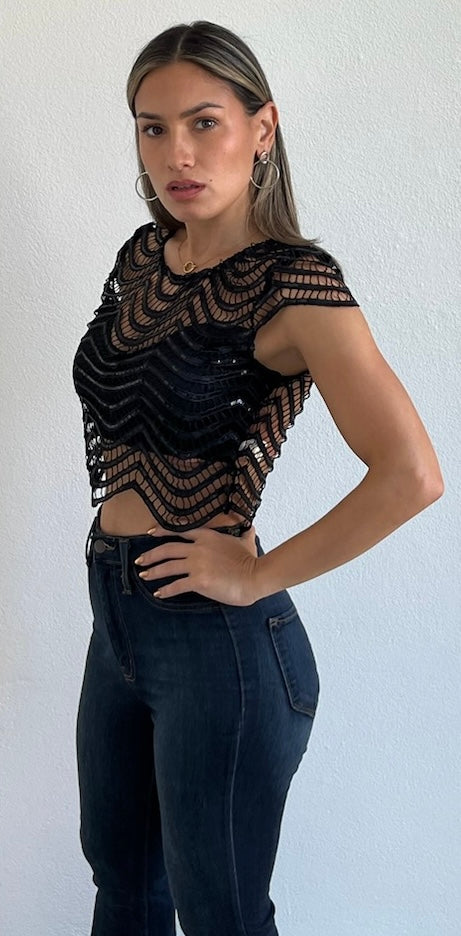 Flawless Sparkle Black Sequins & Crochet Top