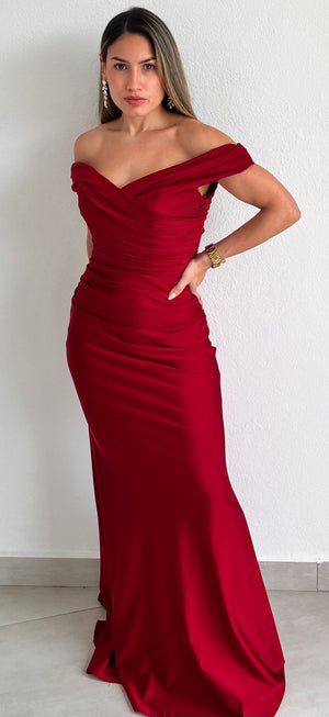 Glamorous Sweetie Off-Shoulder Burgundy Gown