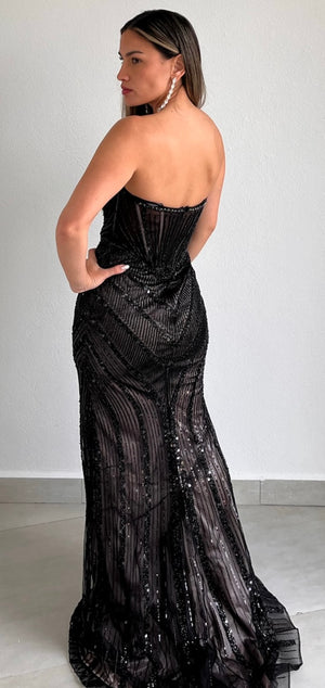 Elaborate Glam Black Beaded Formal Gown