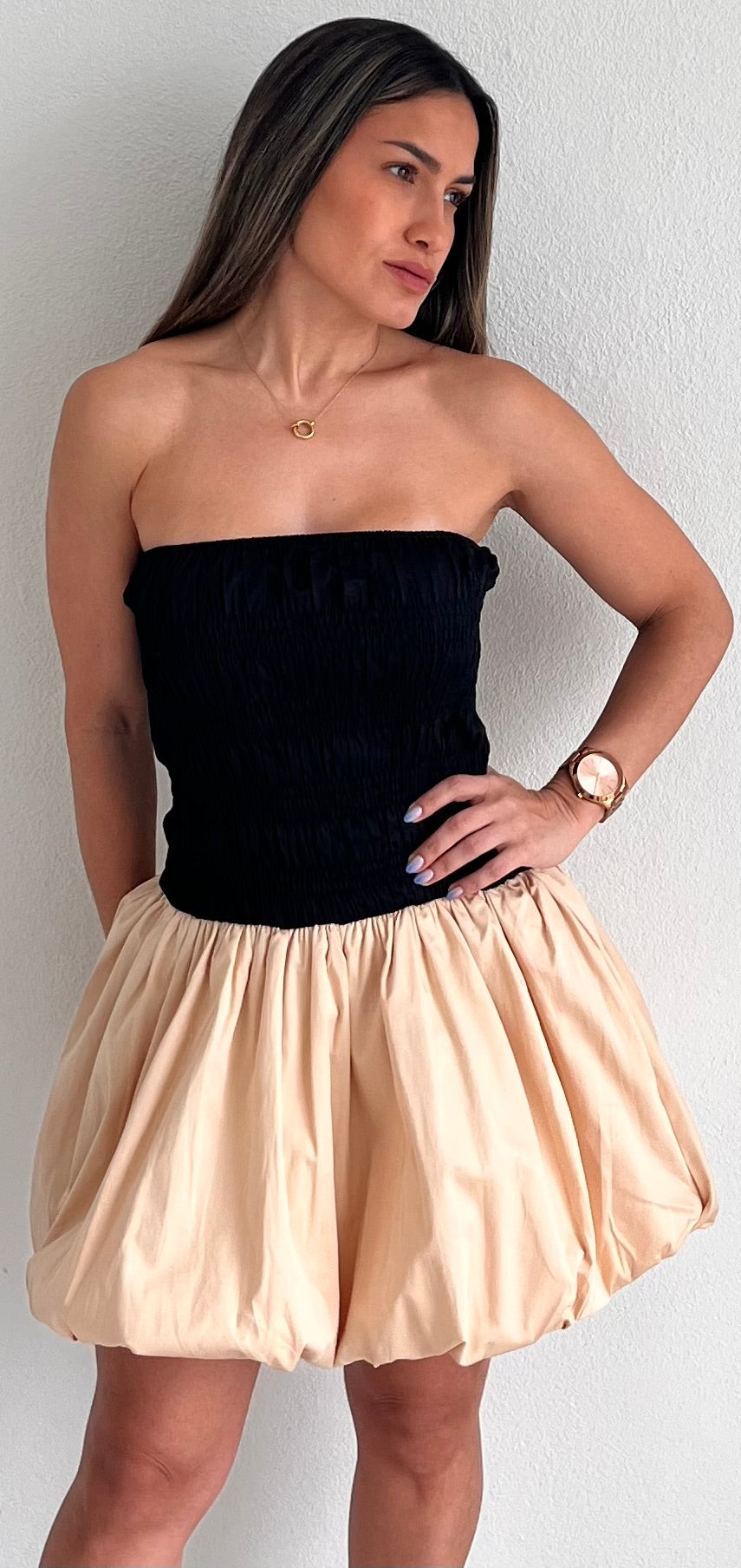 Approachably Adorable Black & Beige Bubble Dress