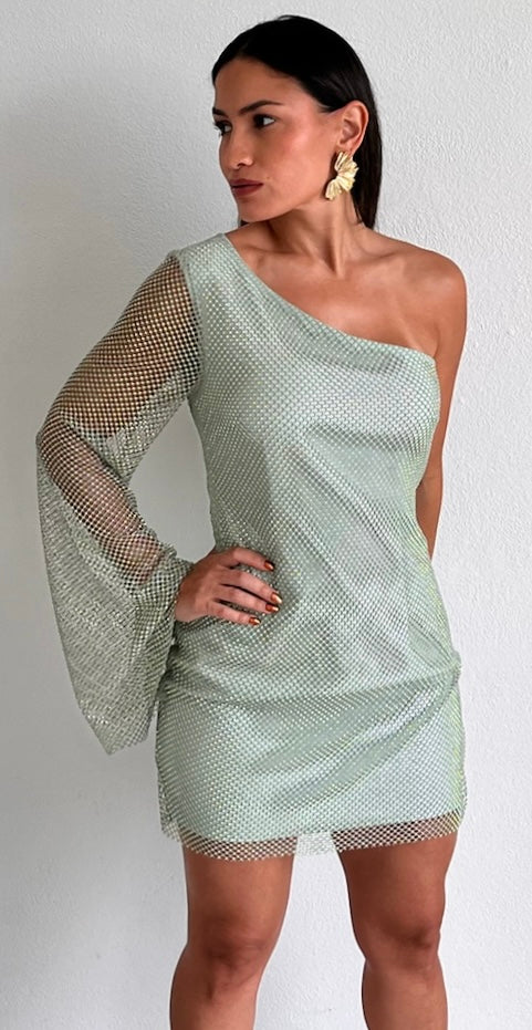 Showstopper One-Shoulder Rhinestones Sage Dress