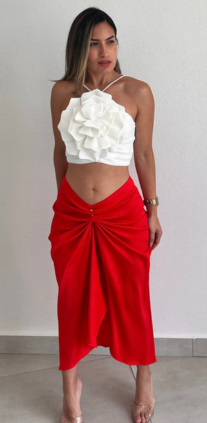 Pleasant Poise Red Satin Midi Skirt