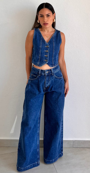 In Vest in Denim Two-Piece Set