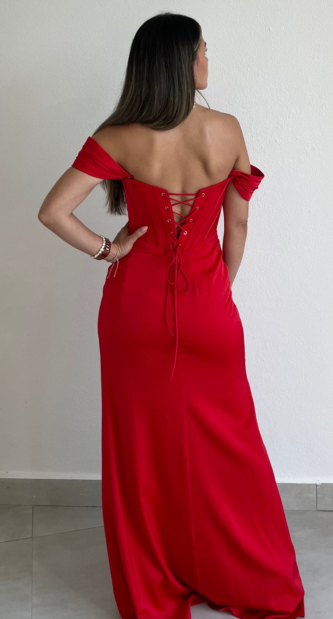 Majestic Perfection Red Off-Shoulder Satin Formal Gown