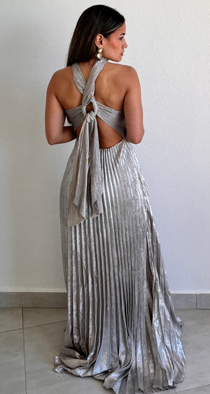 open lace back dress Keep You Enchanted Silver Pleated Long Dress – Zil boutique