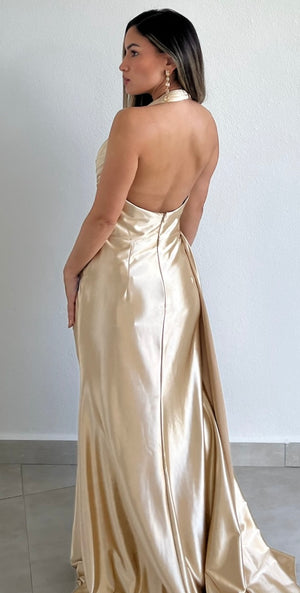 Dramatic Stunner Gold Halter Satin Formal Gown
