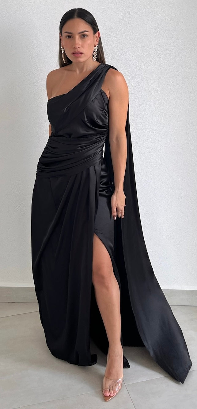 Signature Elegance Black One-Shoulder Long Dress