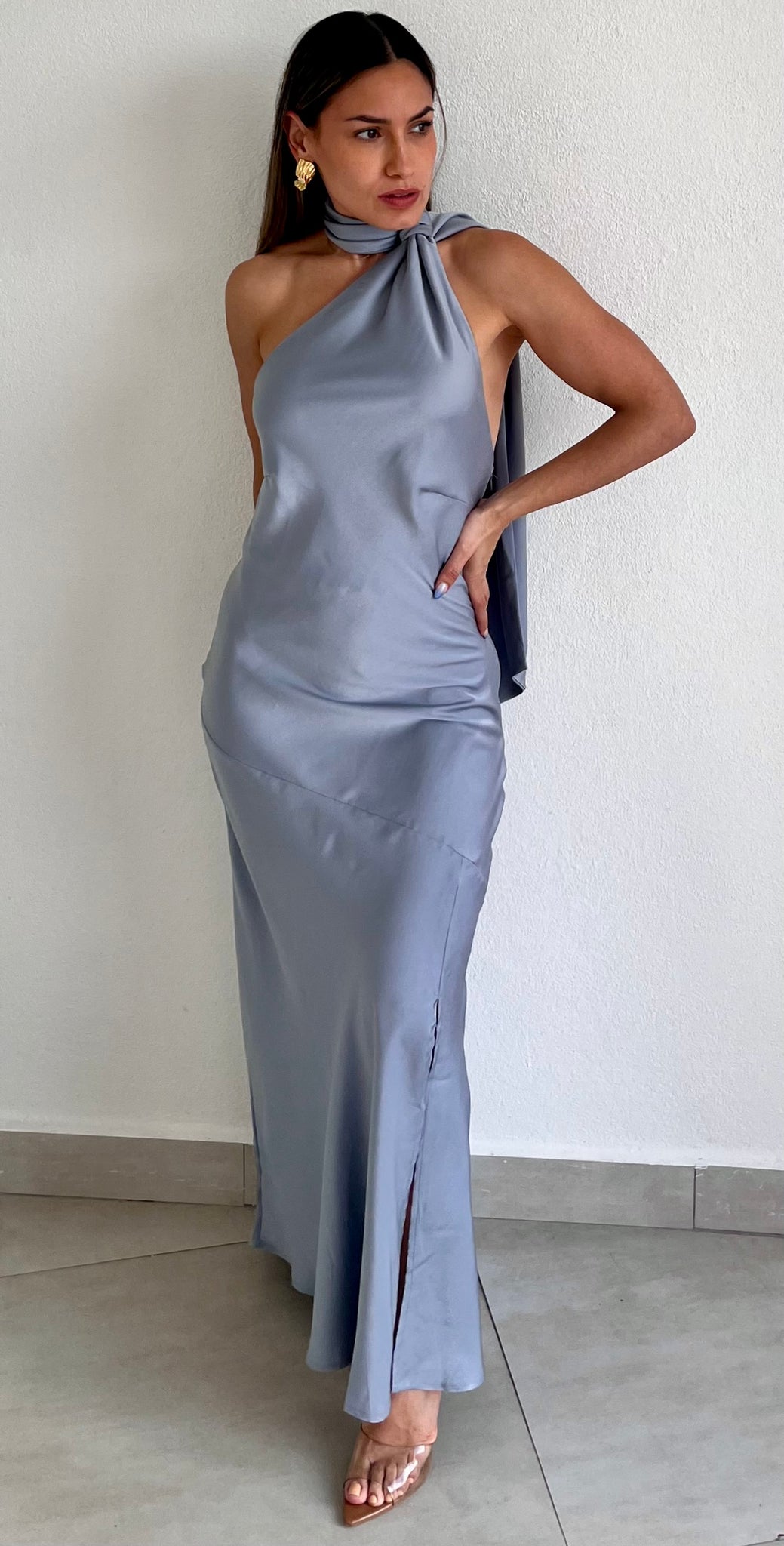 Still the One Light Blue One-Shoulder Satin Midi Dress