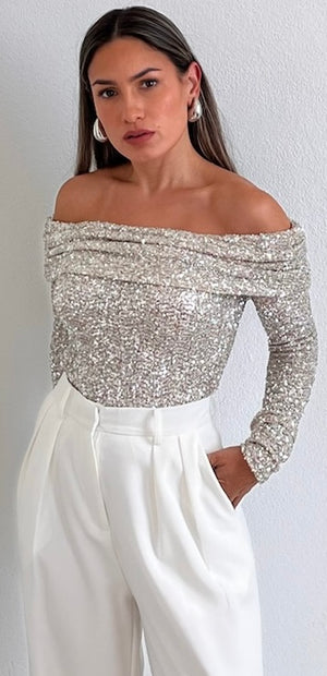 Sparkling Behavior Sequins Off-Shoulder Top