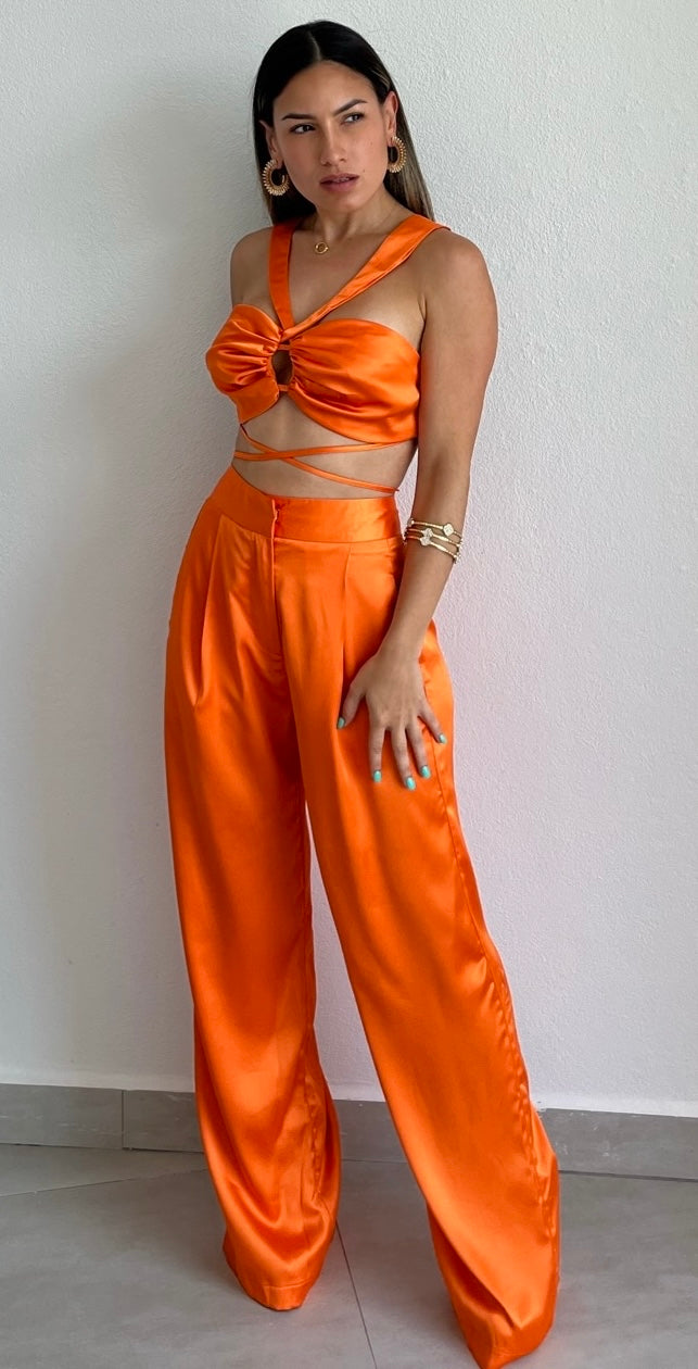 Pur-Suit of Perfection Orange Satin Two-Piece Set