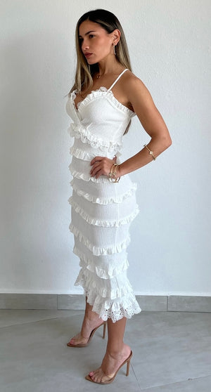 Always Eye-Catching White Ruffled Midi Dress