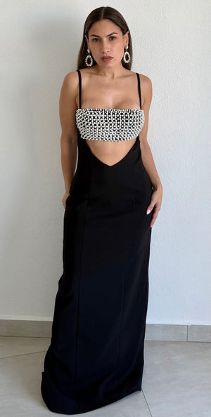 Flirty Luxury Black Pearls Maxi Dress