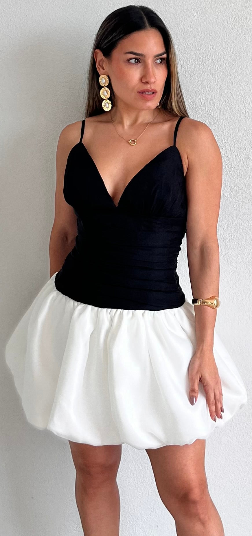 Life in Black & White Bubble Satin Mini Dress