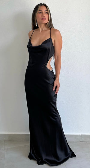 On the Guest List Black Satin Maxi Dress