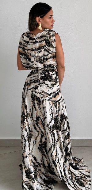 Distinctive Style Satin Print Maxi Dress