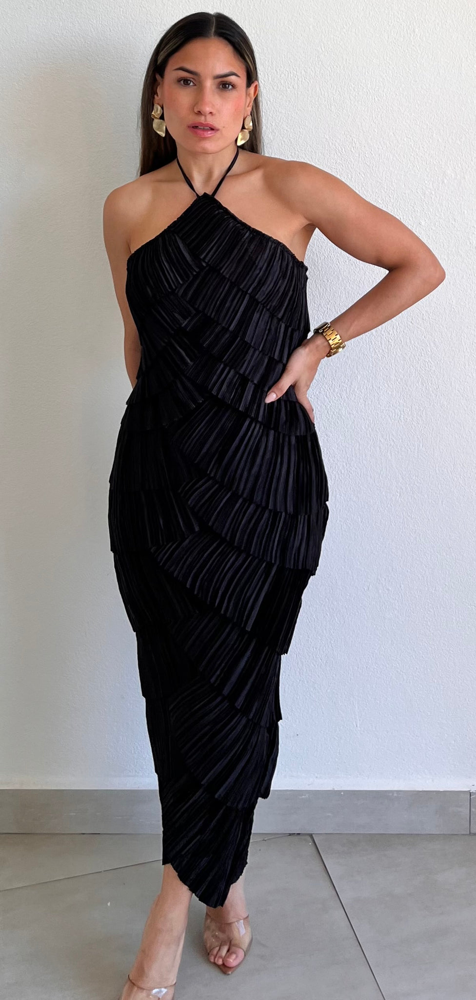 No Introductions Black Ruffled Midi Dress