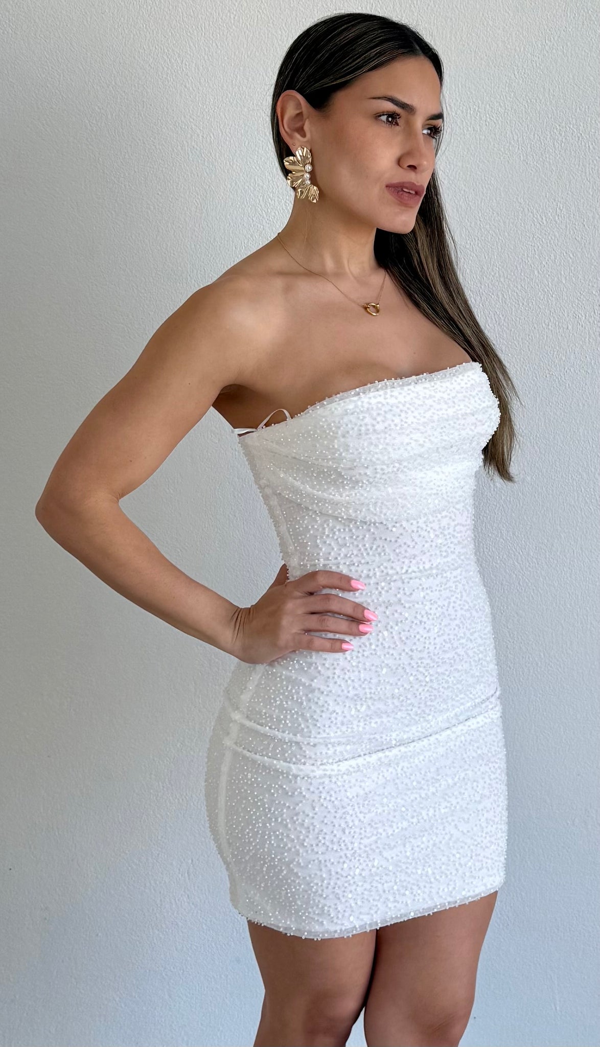 Delicate Destiny White Beads Mini Dress