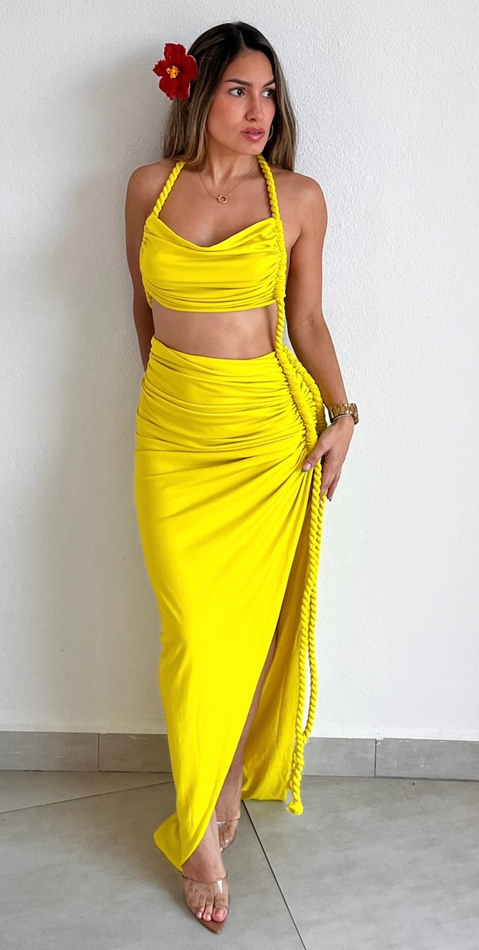 Islay Tropical Braided Yellow Maxi Dress