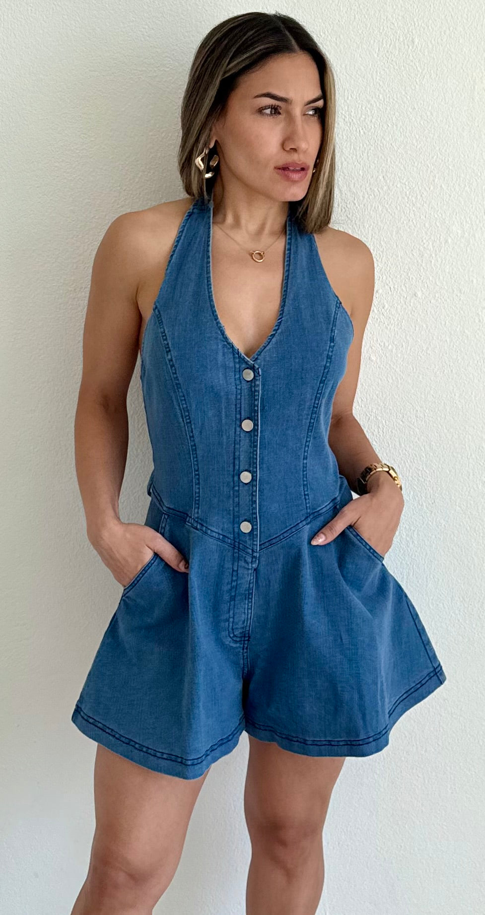 Irresistible Days Halter Denim Romper
