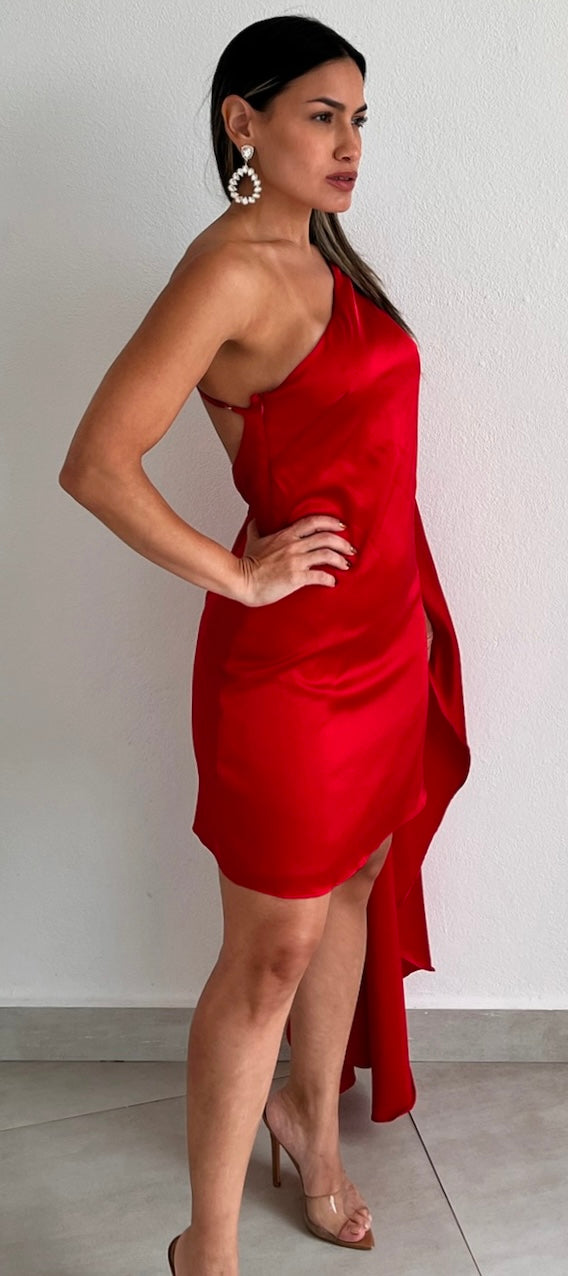 Stylish Cape One-Shoulder Red Dress