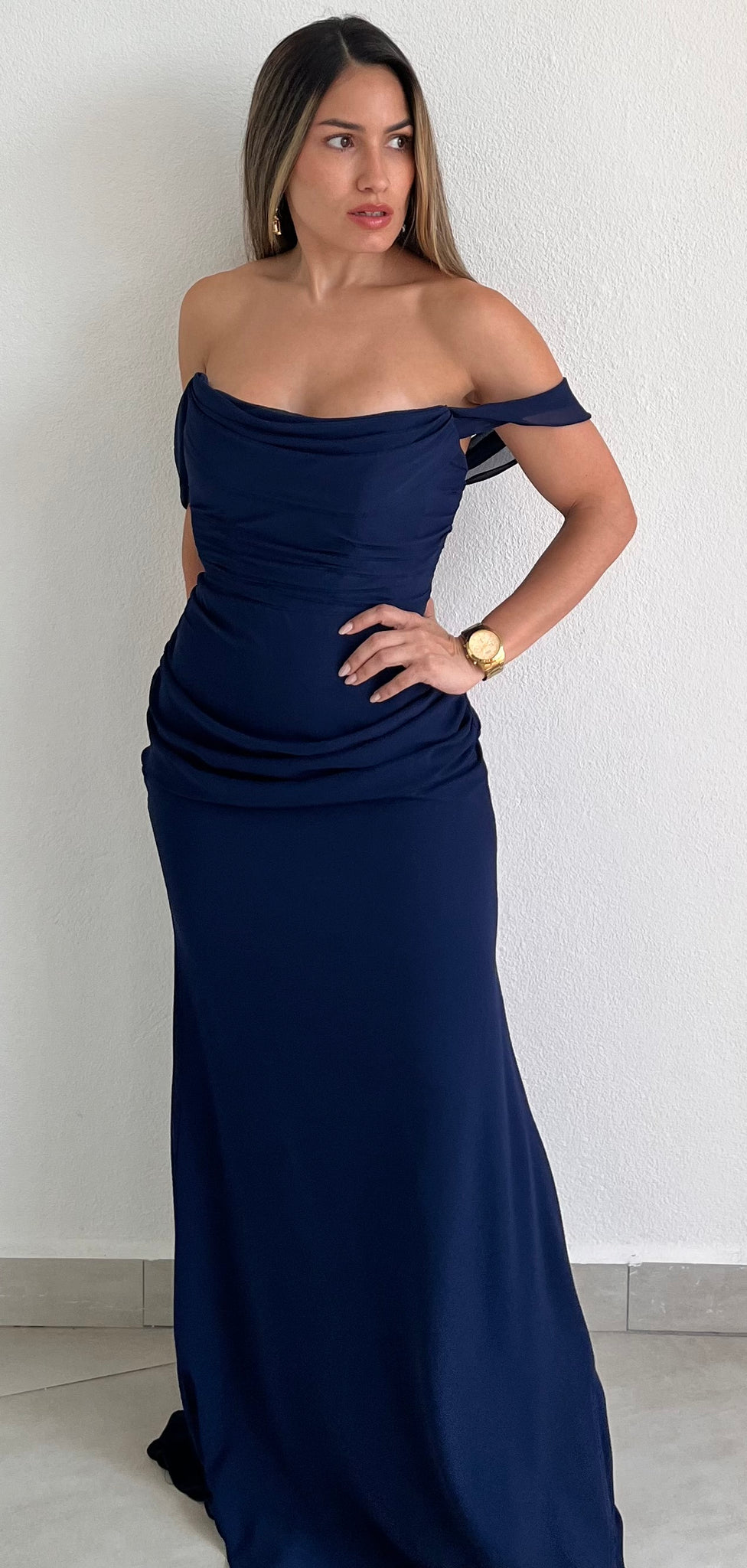 Special Moment Off-Shoulder Navy Formal Gown