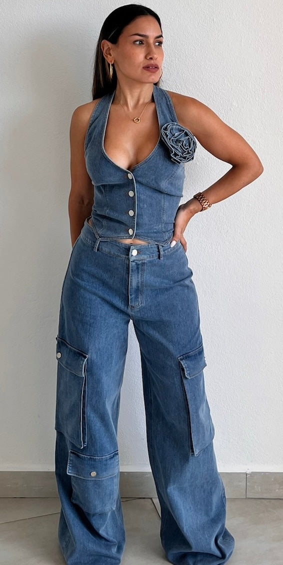 A Perfection Denim Vest Two-Piece Set