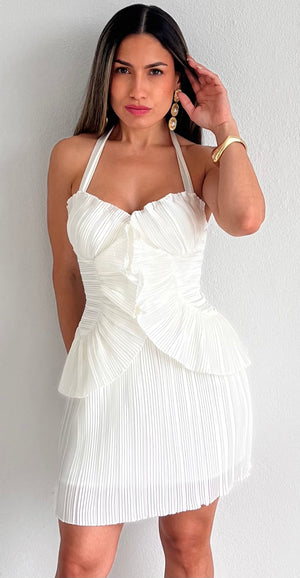Impressive Style White Pleated Halter Dress