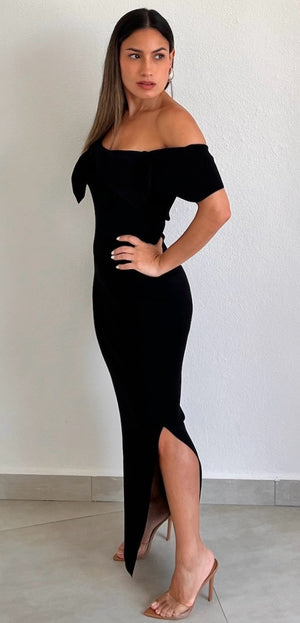 Wow Bow Off-Shoulder Black Midi Dress