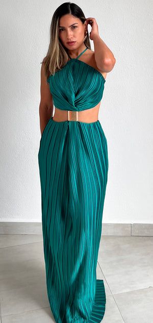 Everlasting Style Emerald Pleated Maxi Dress