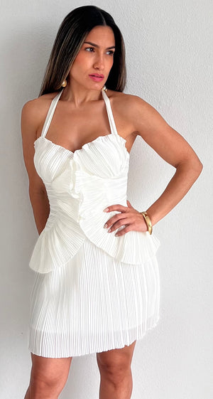 Impressive Style White Pleated Halter Dress