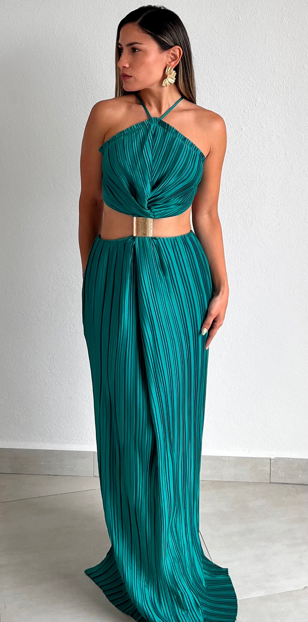 emerald pleated dress Liquid Shine pleated Maxi Dress - Deep Emerald
