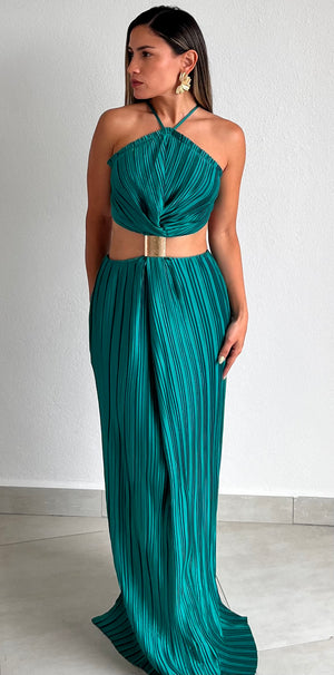 Everlasting Style Emerald Pleated Maxi Dress