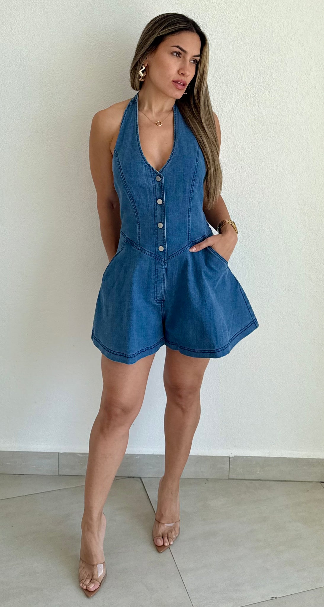 Irresistible Days Halter Denim Romper