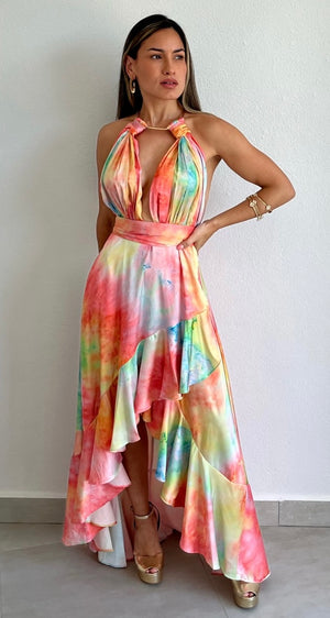 Perfect Aura Print Satin High-Low Maxi Dress