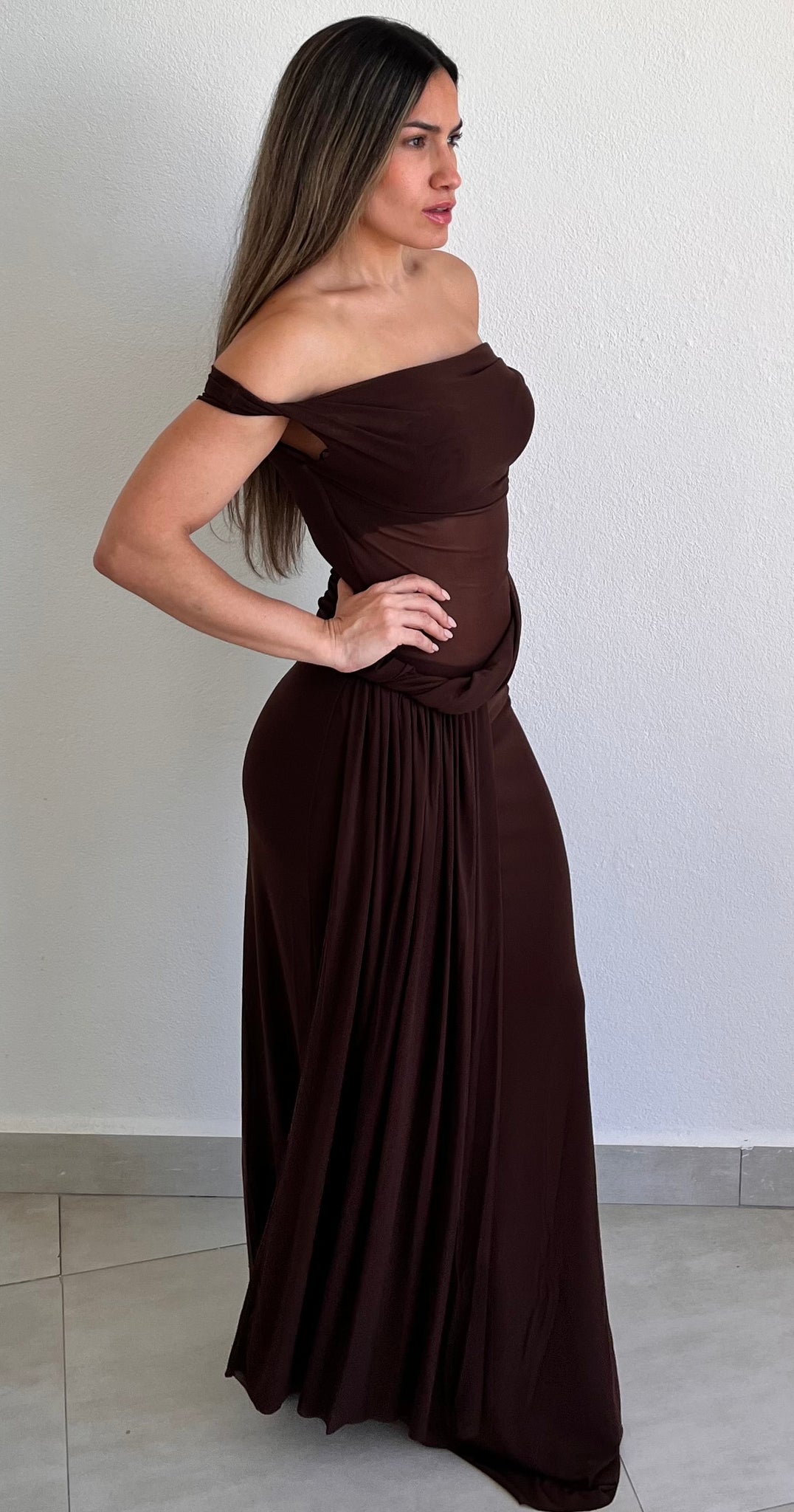 Trendsetting Design Brown Mesh Long Dress