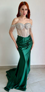 Glamorous Entrance Emerald Rhinestones Off Shoulder Gown