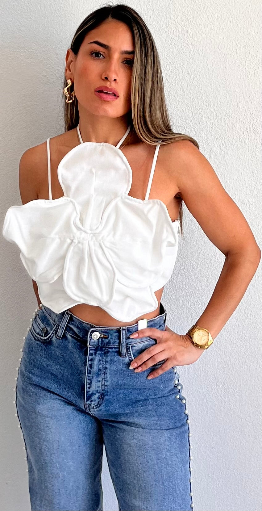 Tropical Orchid Look White Crop Top