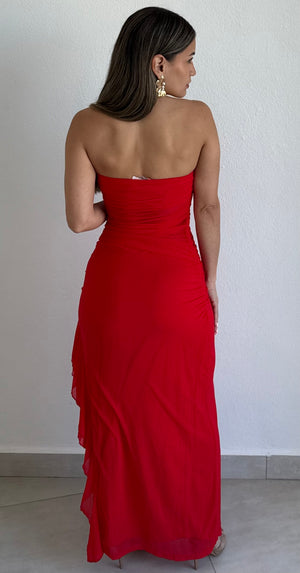 Impressive Fit & Ruffled Red Mesh Midi Dress