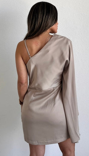 Majestic Energy Champagne Cape One-Shoulder Dress