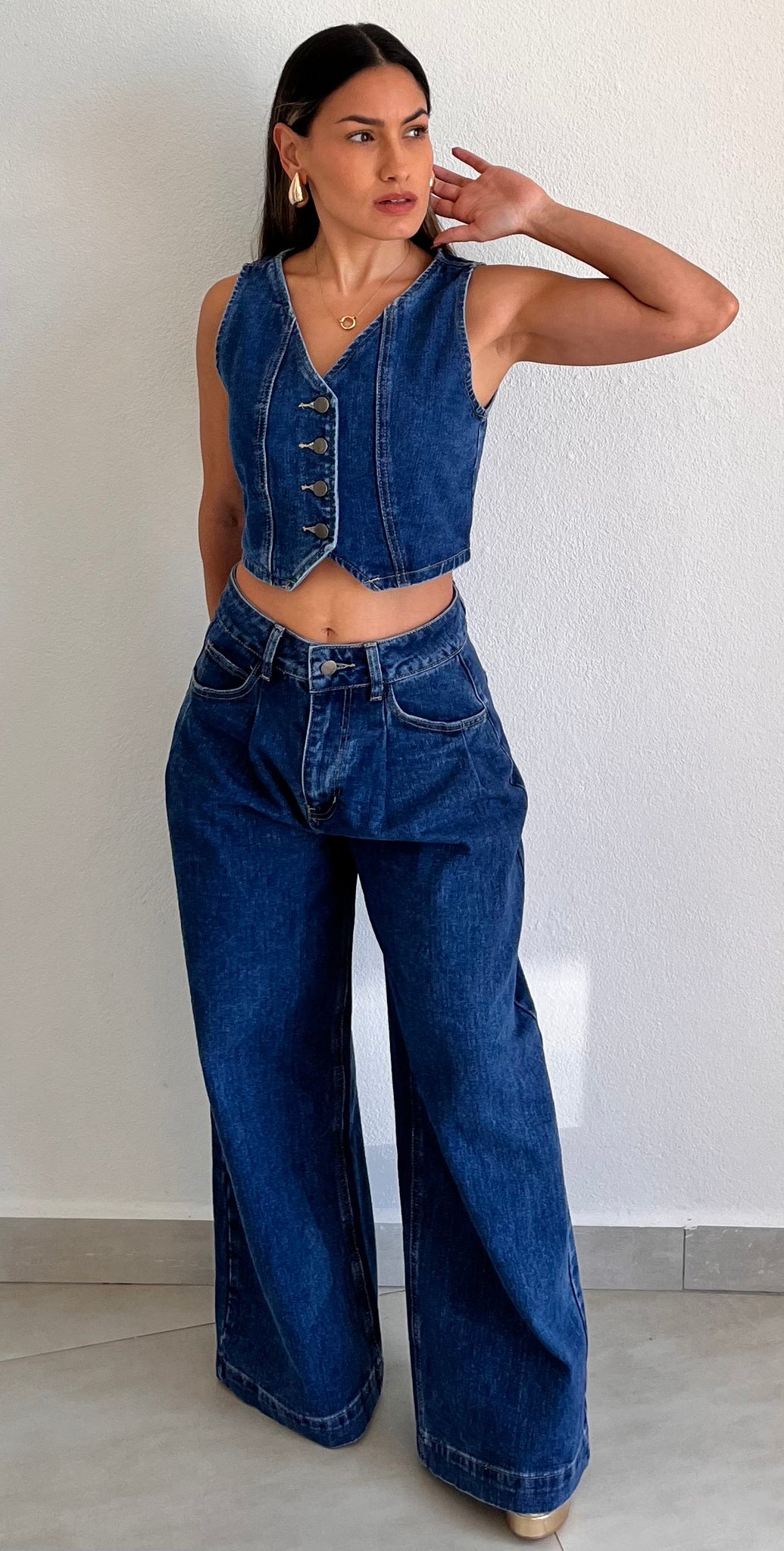 In Vest in Denim Two-Piece Set