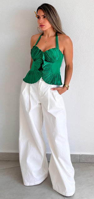 Impressive Style Pleated Green Halted Top