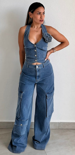 A Perfection Denim Vest Two-Piece Set