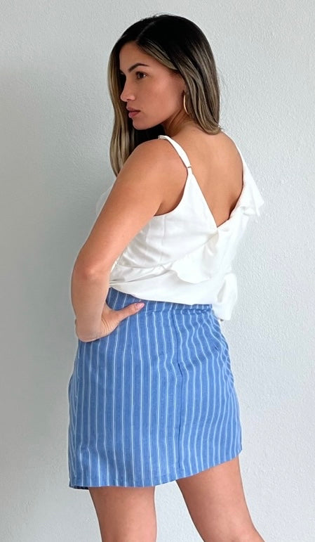 Pretty Charming in Blue Stripes Asymmetrical Skirt