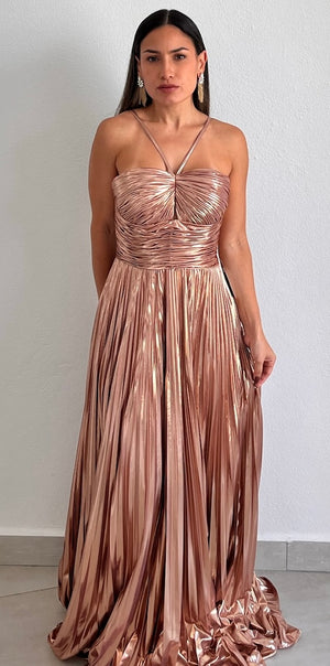 Metallic Angel Rose Gold Pleated Formal Gown