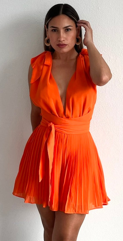 Social Calendar Orange Pleated Romper