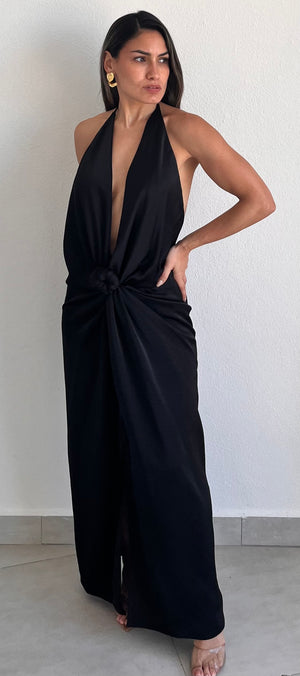 Ultimate Desire Black Halter Satin Dress