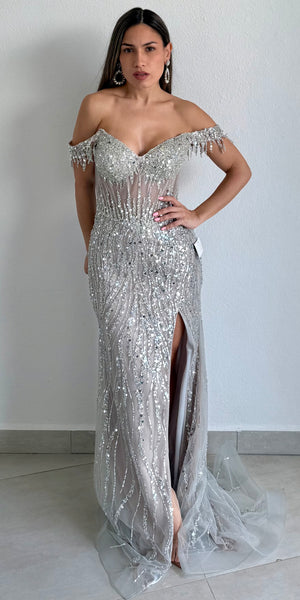 Phenomenal Allure Silver Off-Shoulder Sequins Formal