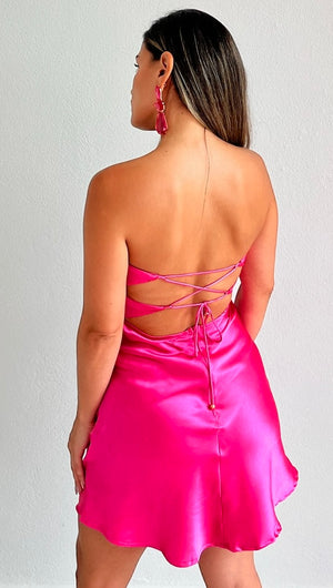 Rare Elegance Hot Pink Strapless Satin Dress